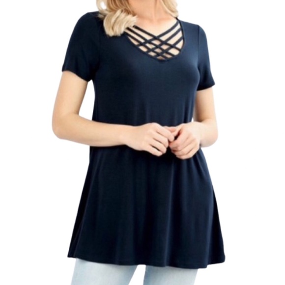 Tops - Navy Lattice Neck Top